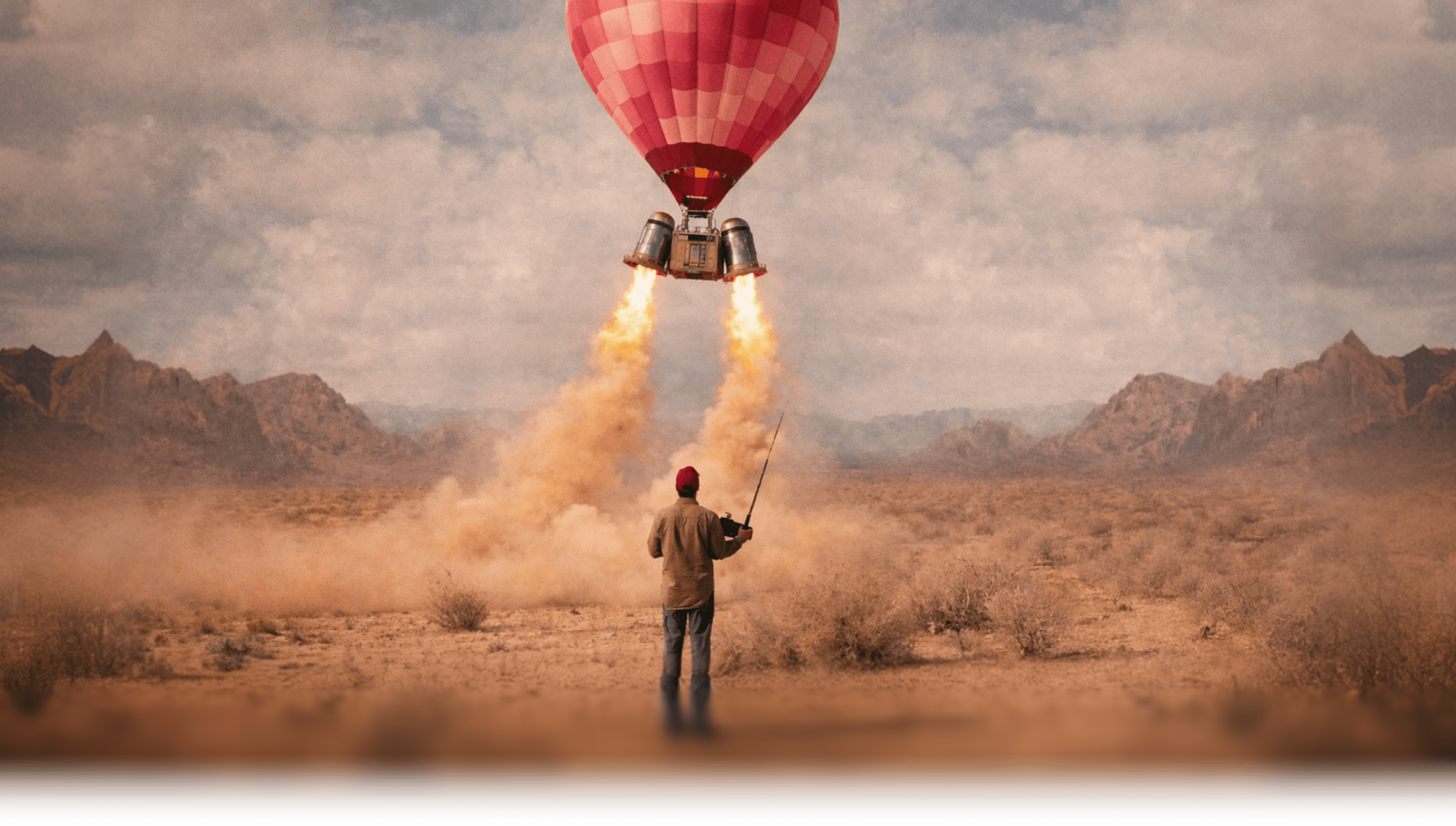 A traveler under a red hot-air balloon against a cinematic desert landscape