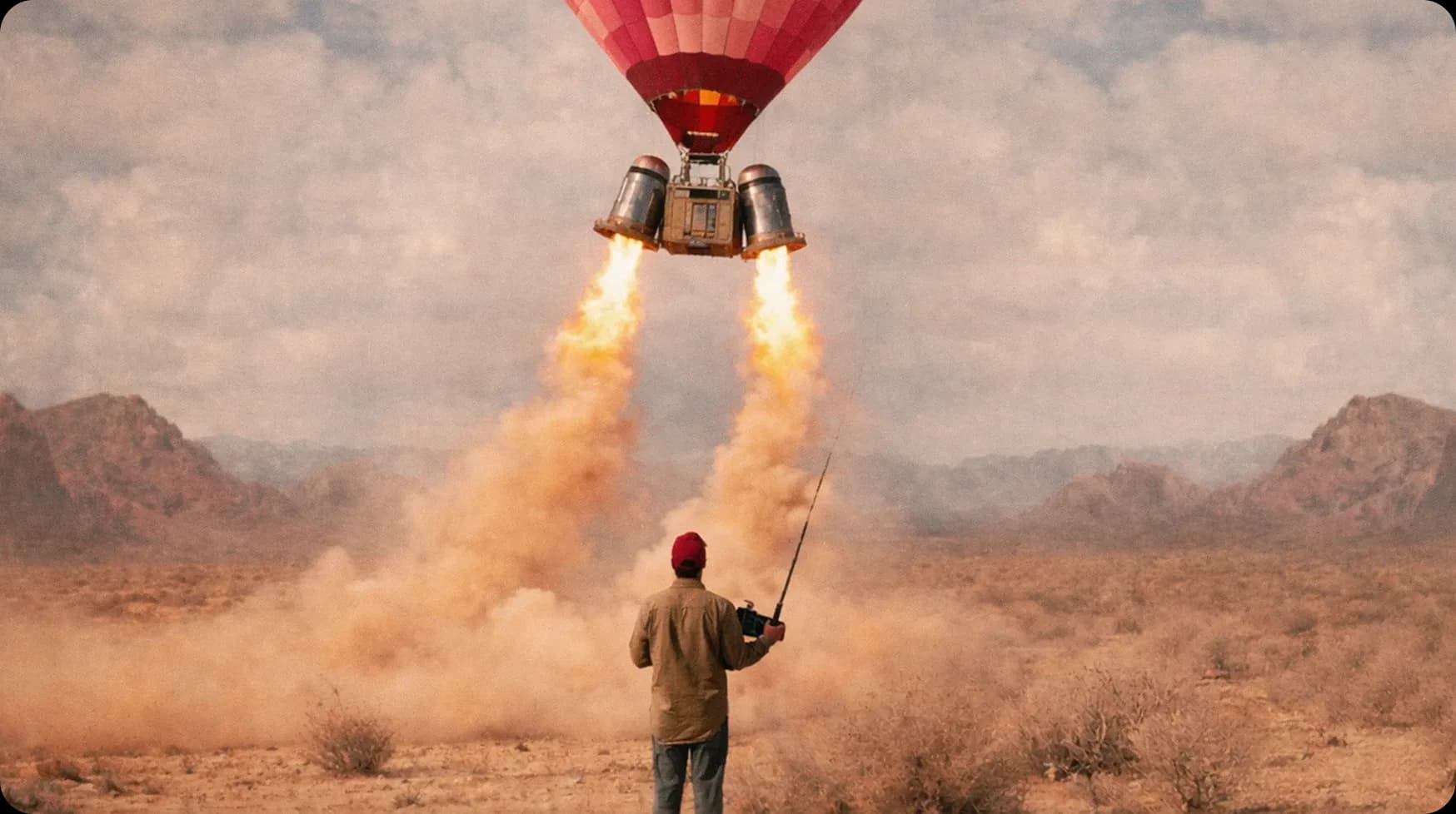 A person launching a rocket-powered hot-air balloon across the desert