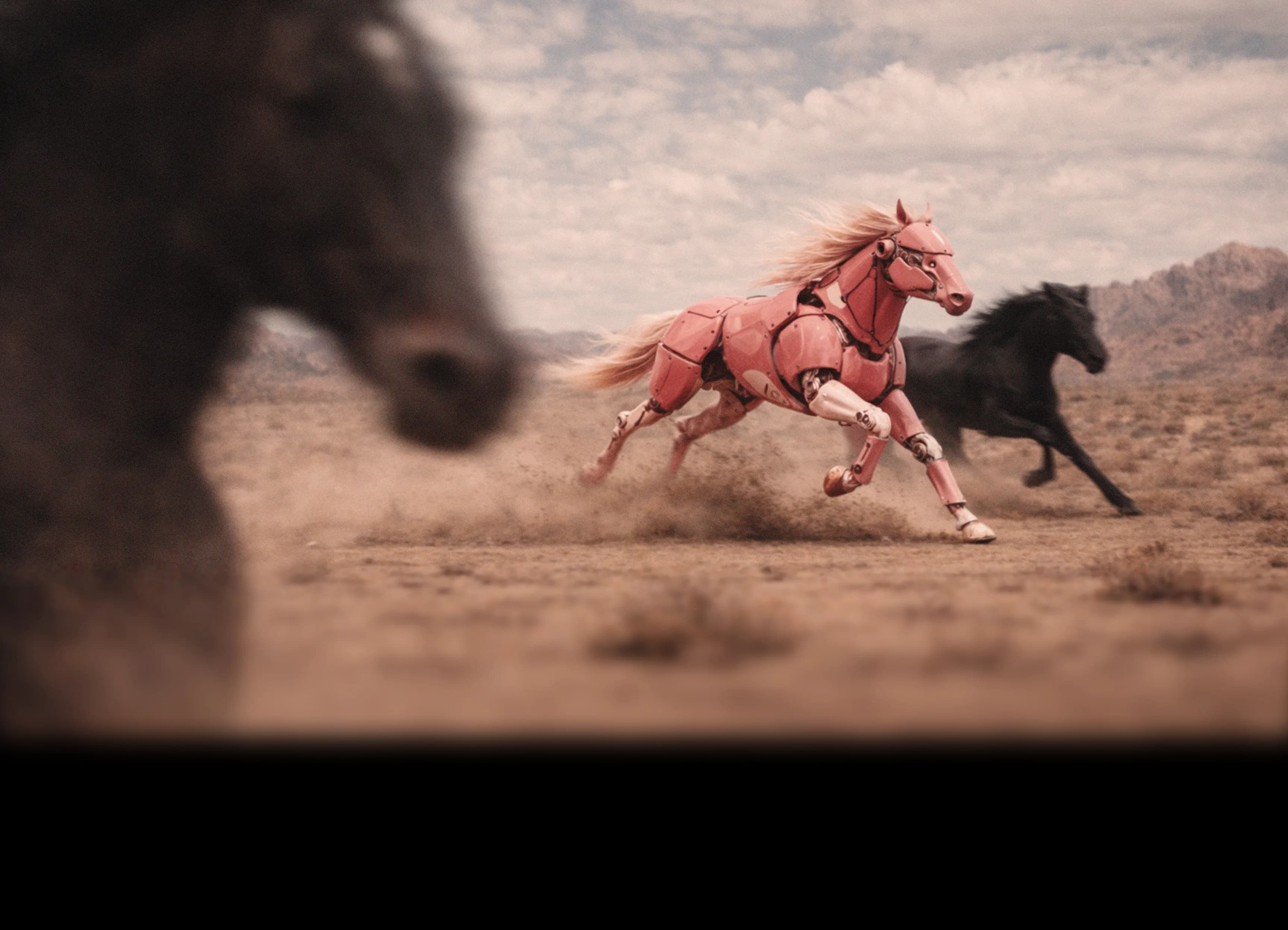Horses running through a cinematic desert landscape