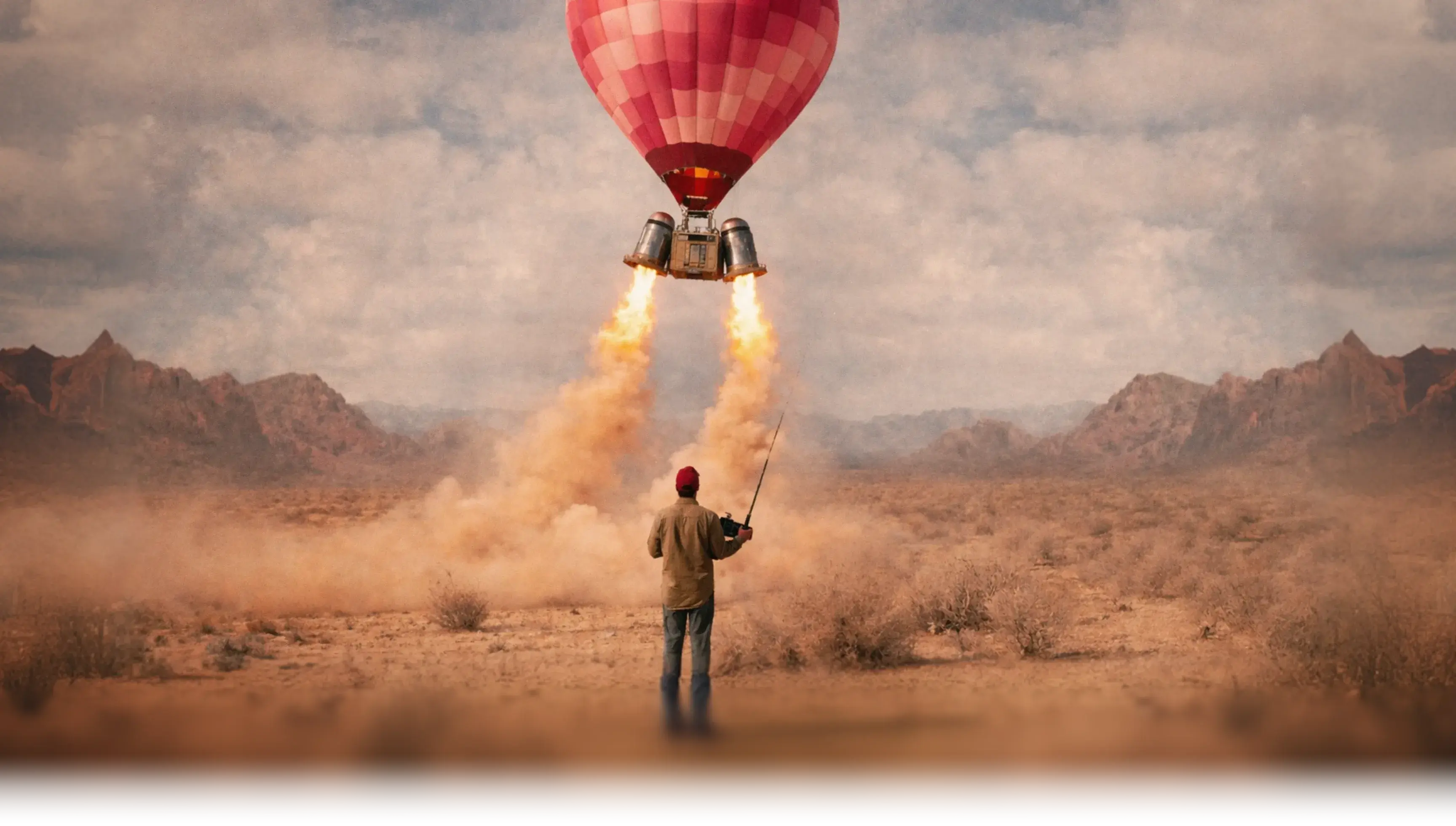 A traveler under a red hot-air balloon against a cinematic desert landscape