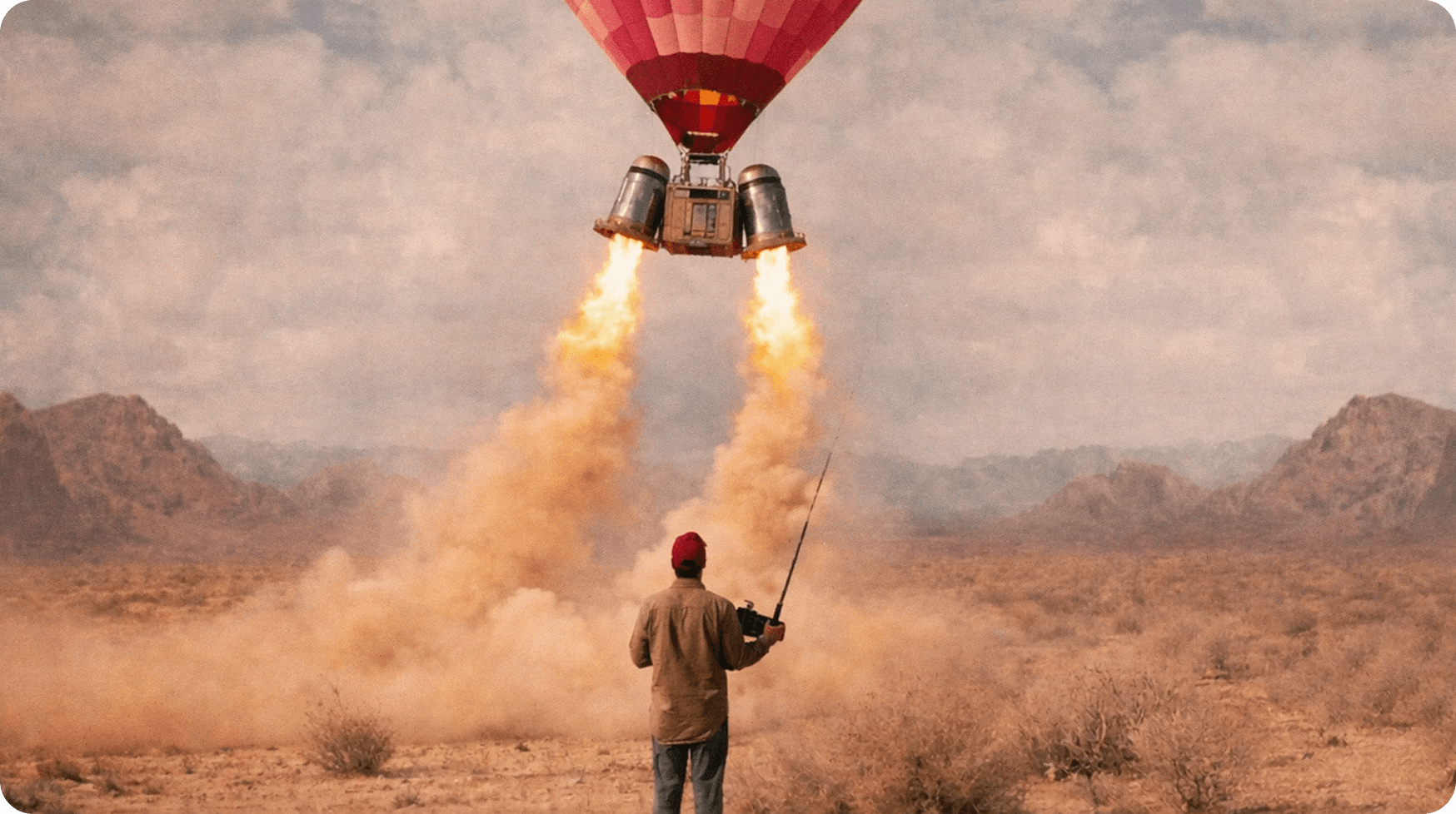 A person launching a rocket-powered hot-air balloon across the desert